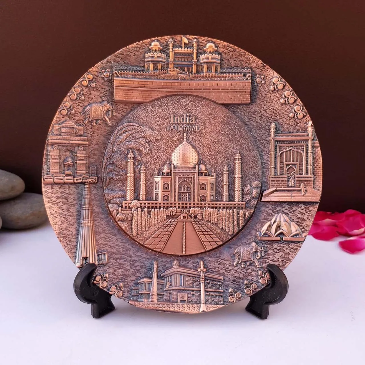handcrafted bronze metal souvenir india taj mahal plate with stand & wall hanging
