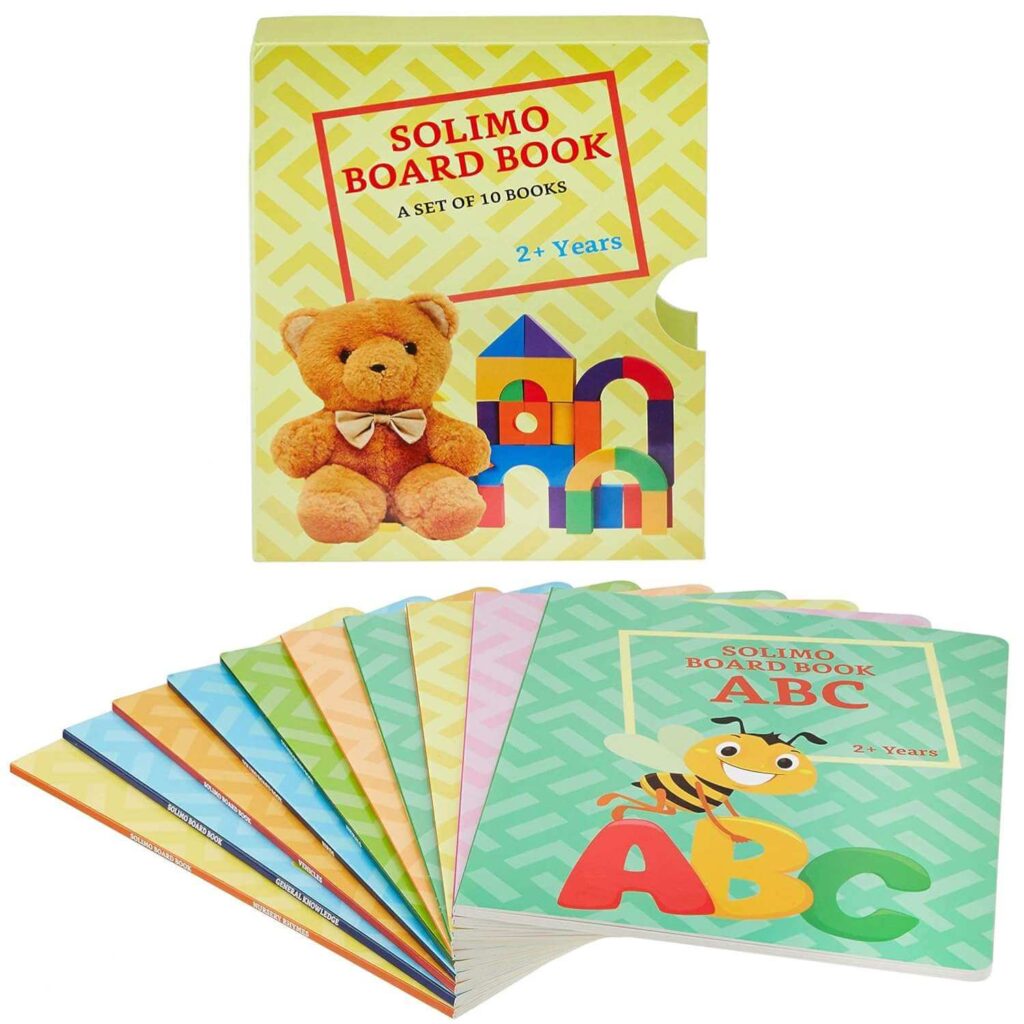 long board book, set of 10 (alphabets, fruits, numbers, vegetables, words, animals, birds, vehicles, general knowledge, nursery rhymes)